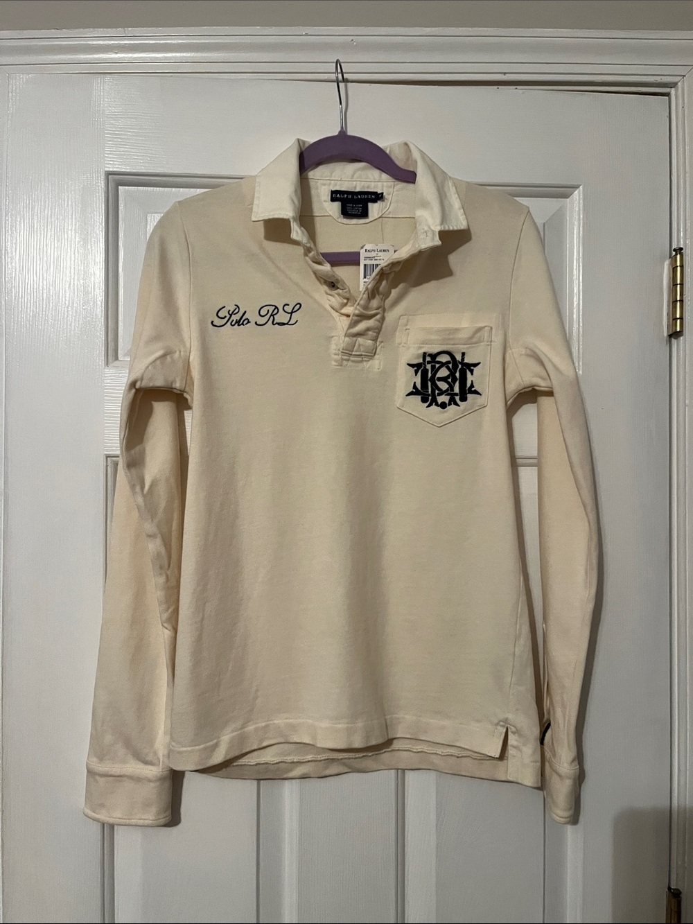 Ralph Lauren Cream Long Sleeve Rugby Polo with Embroidered Crest